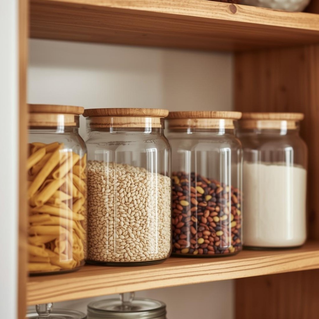 Storage jars & canisters (labeled, glass with lids)